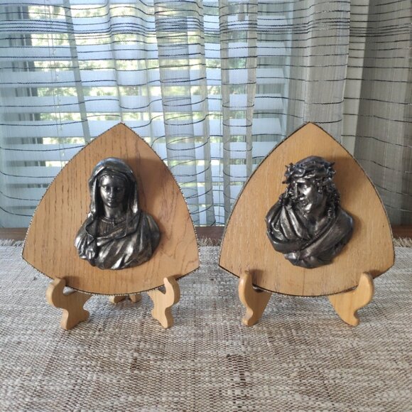 Pewter Wood Religious Plaques Set of 2 A Nielson Religious Relief Busts 6.75" - Picture 1 of 13